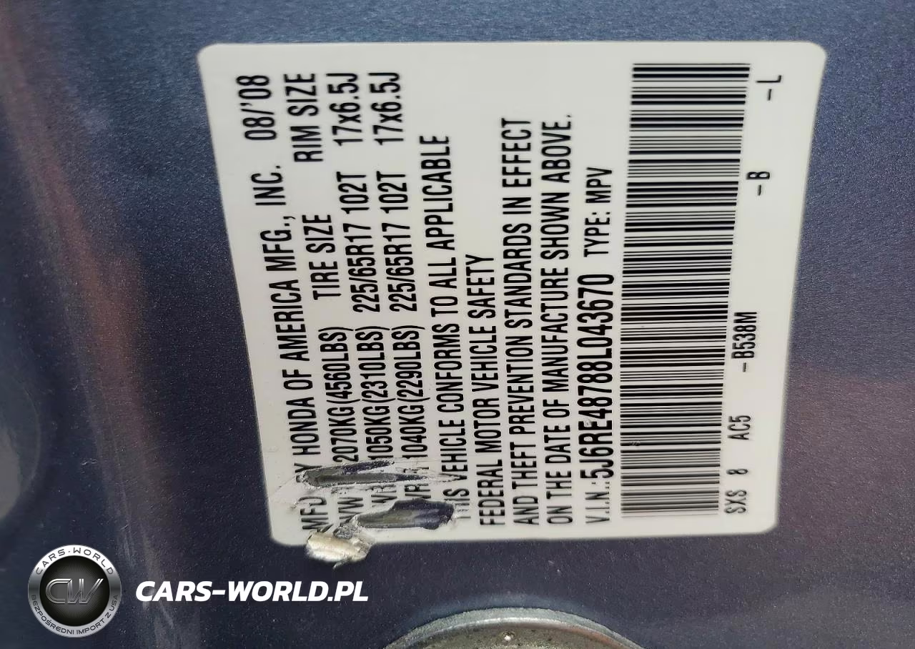 2008 Honda Cr-V Exl VIN:5J6RE48788L043670 - 13