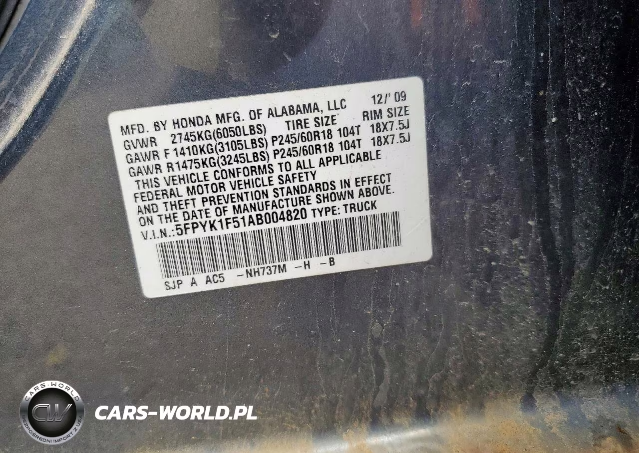 2010 Honda Ridgeline Rtl VIN:5FPYK1F51AB004820 - 12