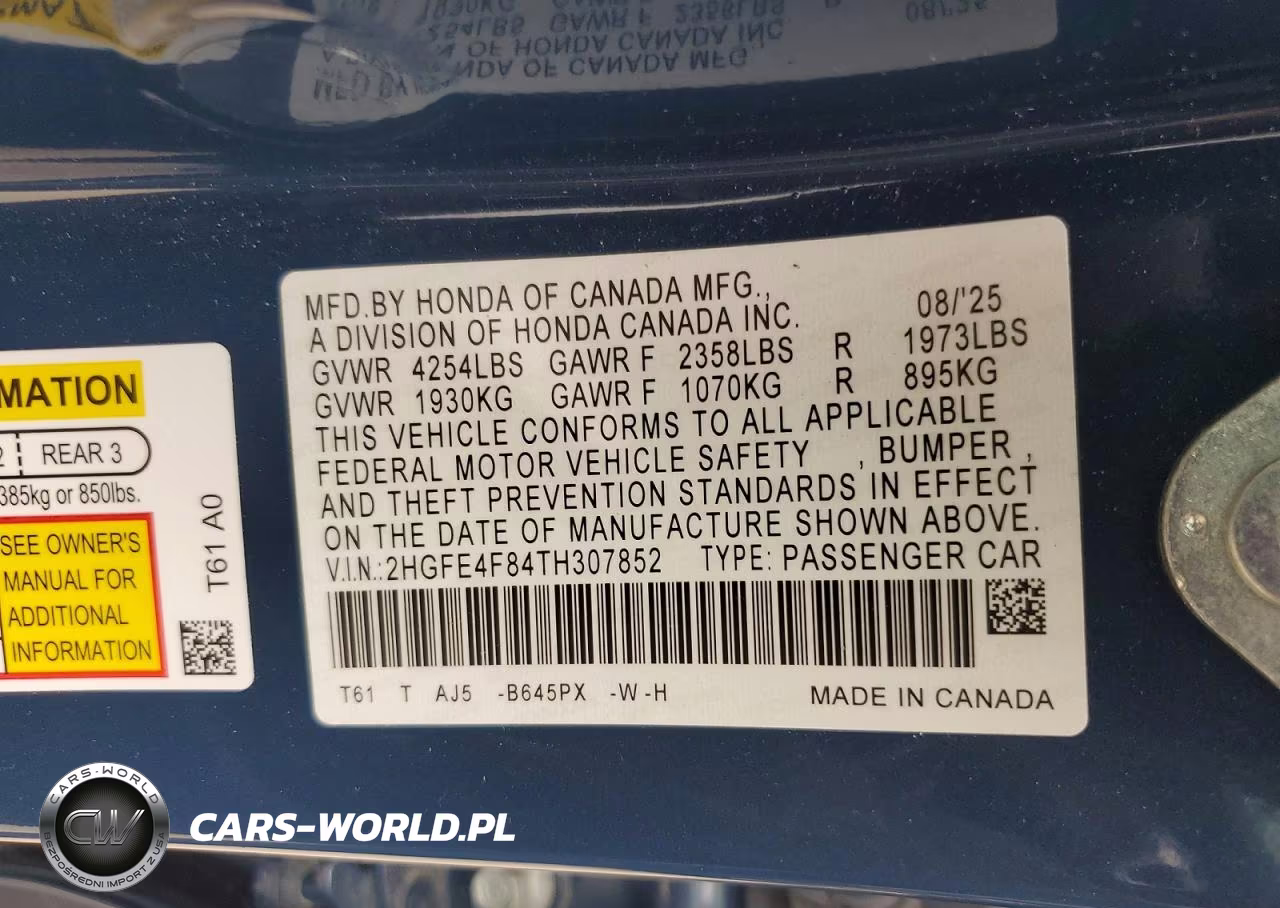 2026 Honda Civic Sport VIN:2HGFE4F84TH307852 - 12