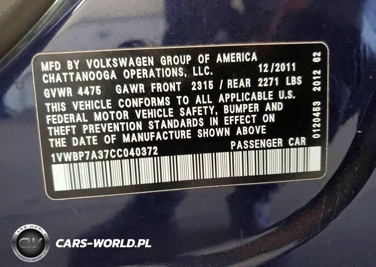2012 Volkswagen Passat Se VIN:1VWBP7A37CC040372 - 13