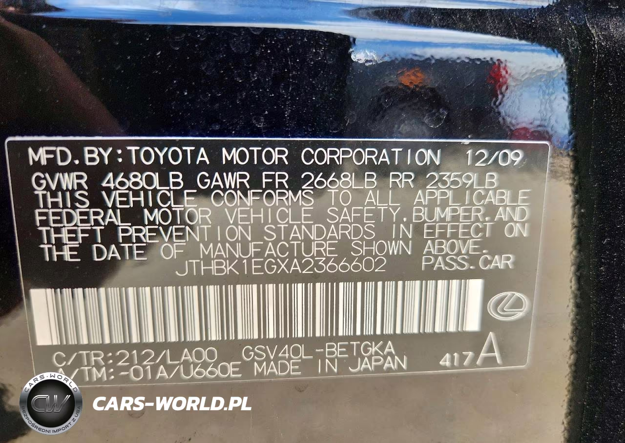 2010 Lexus Es 350 VIN:JTHBK1EGXA2366602 - 12
