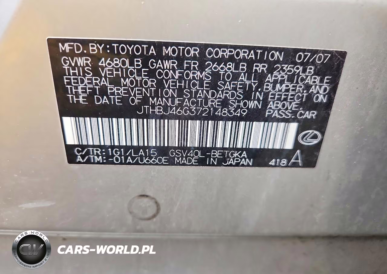 2007 Lexus Es 350 VIN:JTHBJ46G372148349 - 12