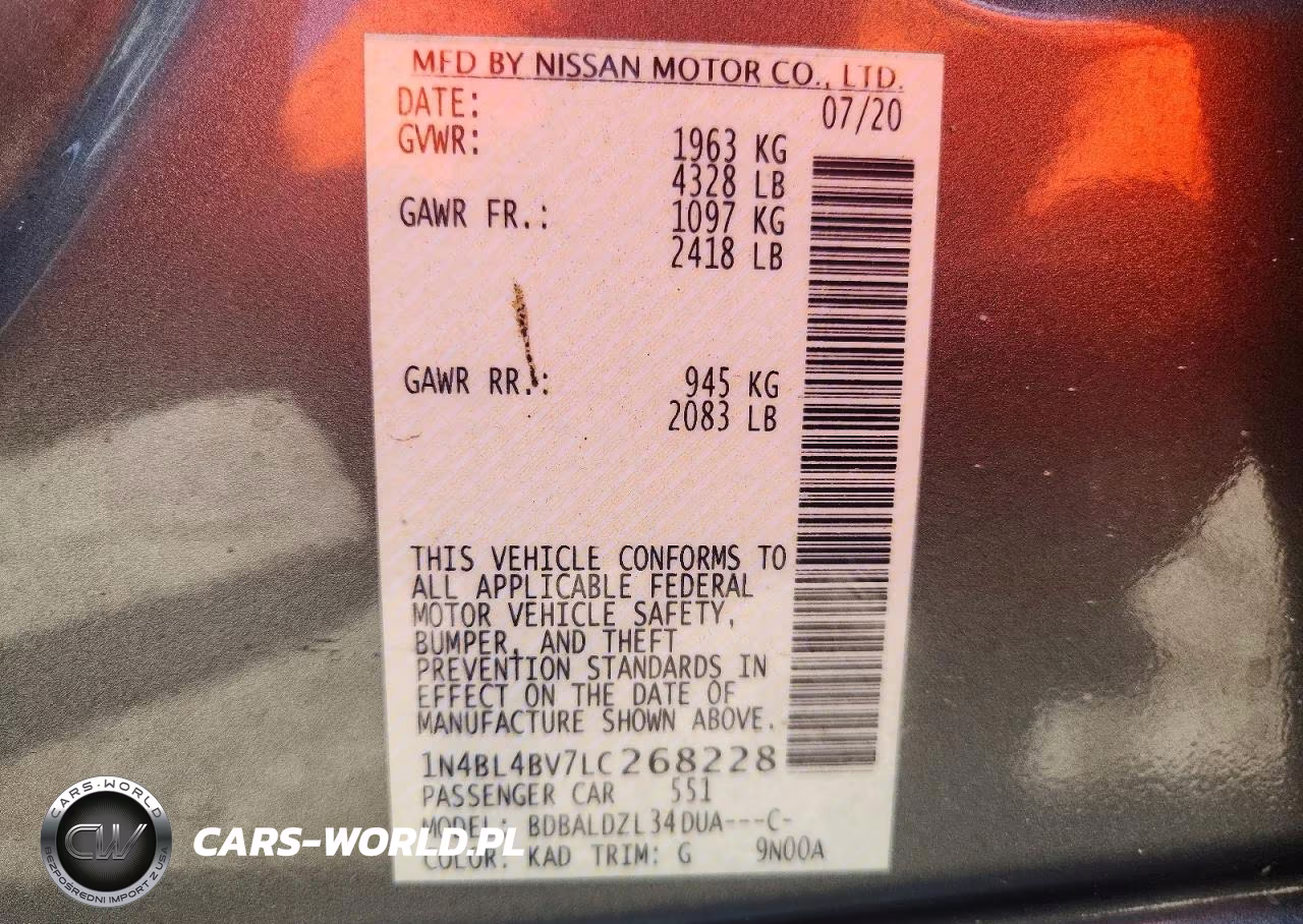 2020 Nissan Altima S VIN:1N4BL4BV7LC268228 - 12