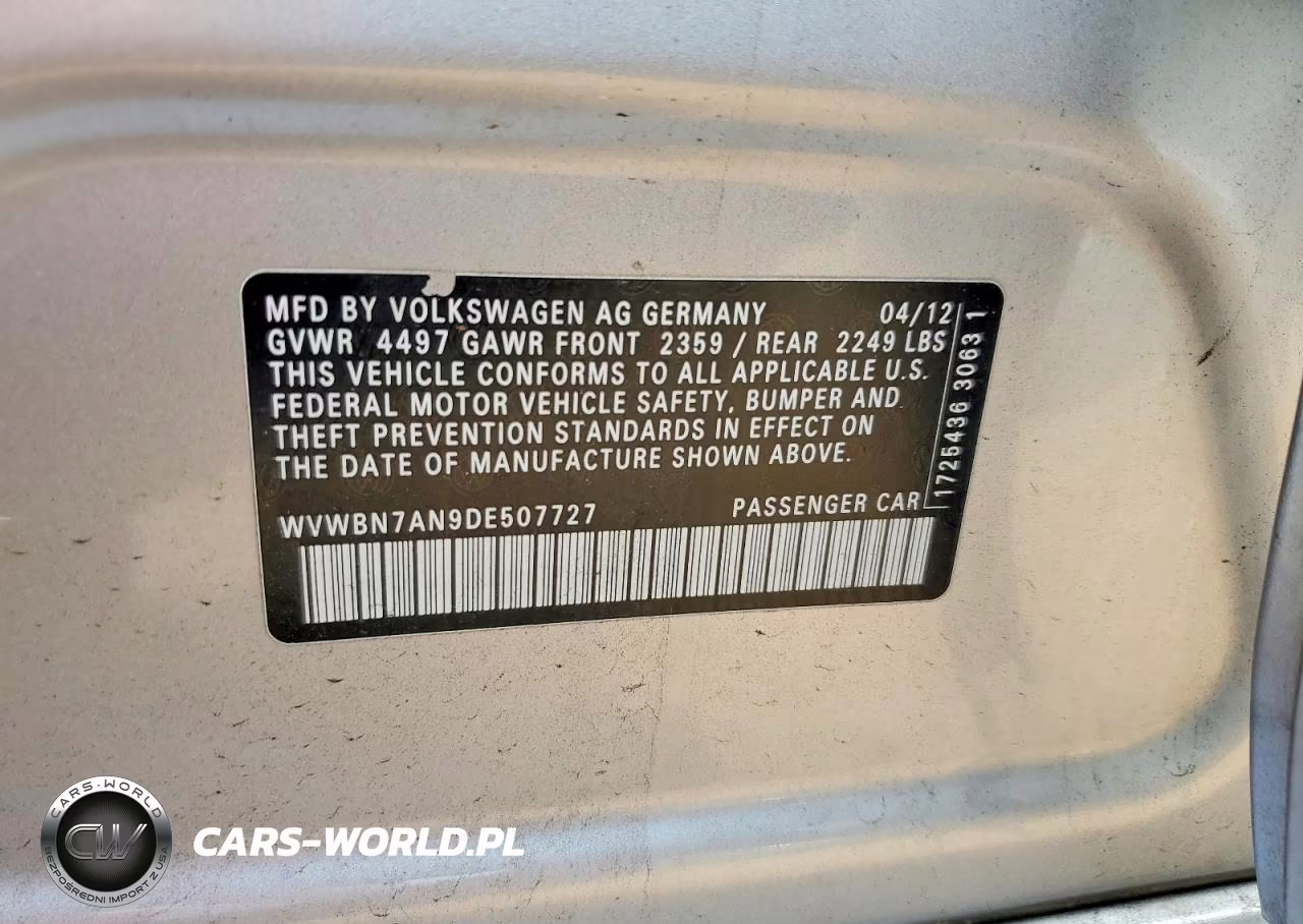 2013 Volkswagen Cc Sport VIN:WVWBN7AN9DE507727 - 12