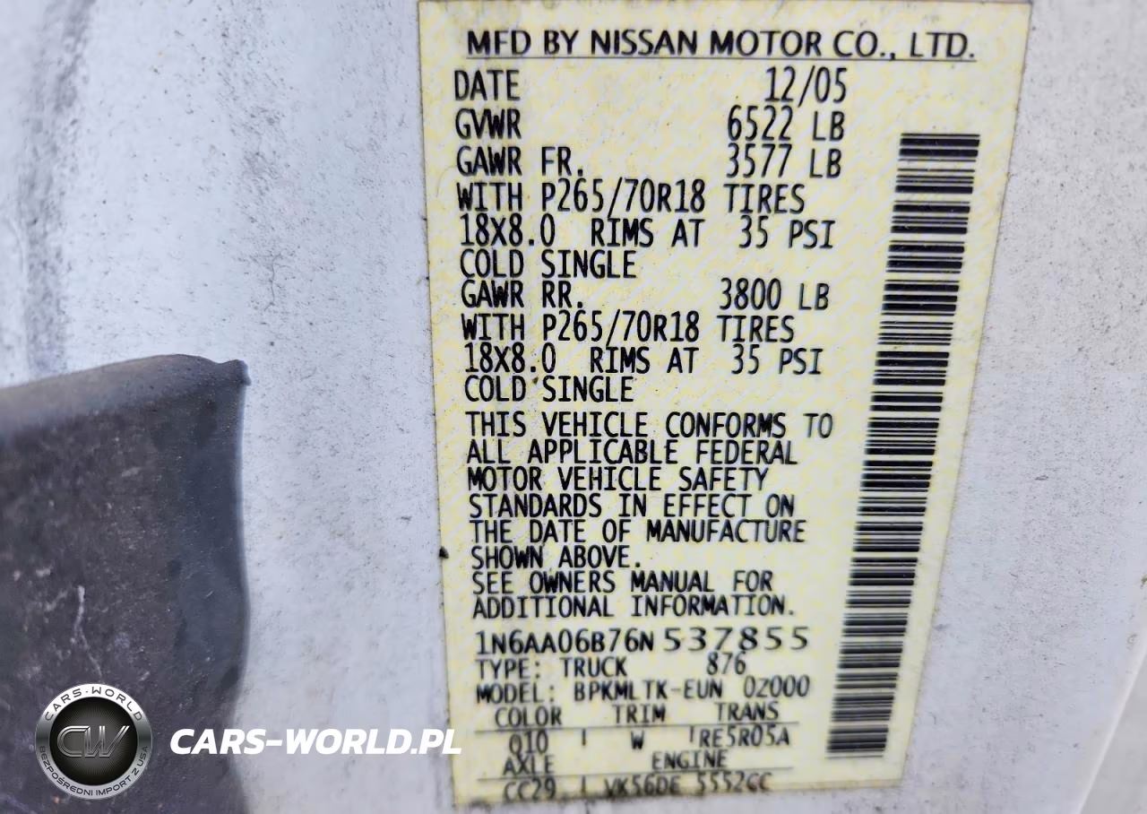 2006 Nissan Titan Xe VIN:1N6AA06B76N537855 - 12