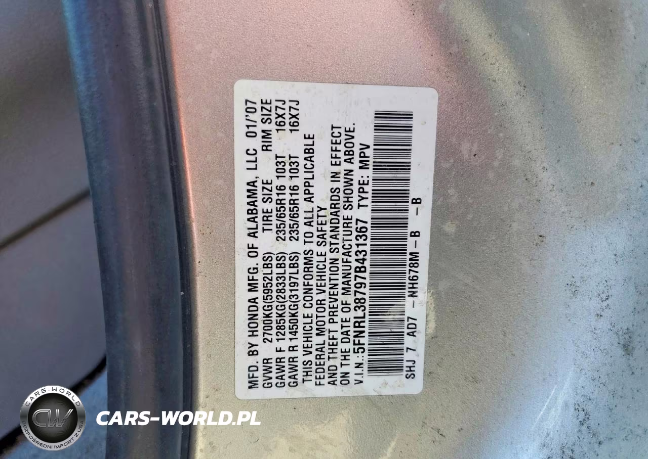 2007 Honda Odyssey Exl VIN:5FNRL38797B431367 - 13