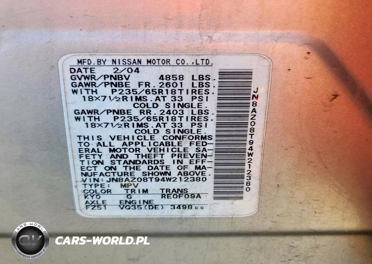 2004 Nissan Murano Sl-Se VIN:JN8AZ08T94W212380 - 13