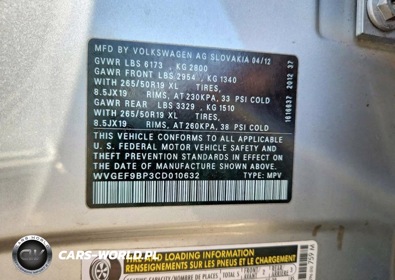 2012 Volkswagen Touareg V6 VIN:WVGEF9BP3CD010632 - 12