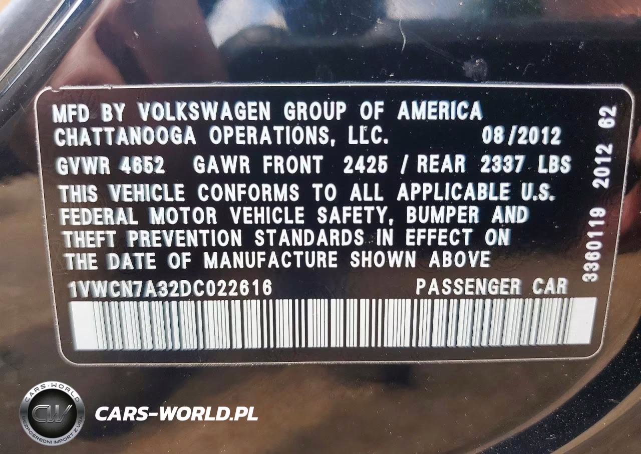 2013 Volkswagen Passat Sel VIN:1VWCN7A32DC022616 - 13