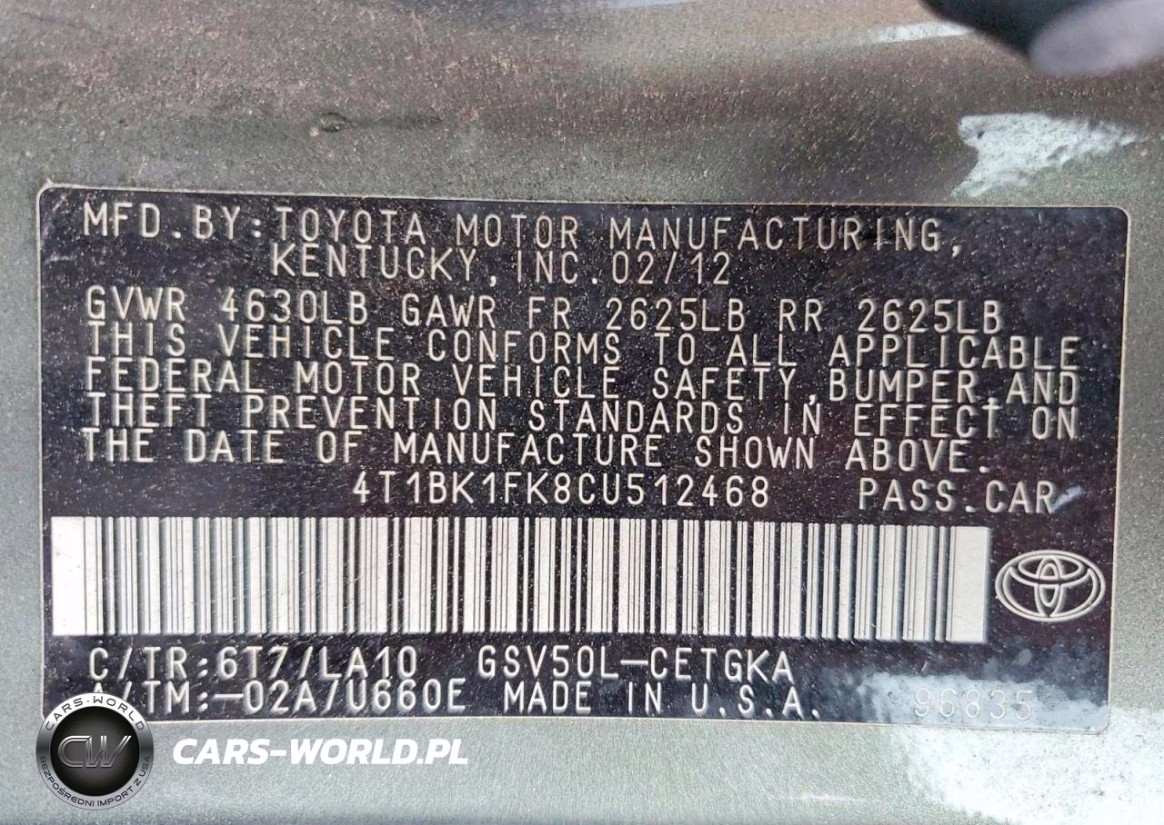 2012 Toyota Camry Xle V6 VIN:4T1BK1FK8CU512468 - 12