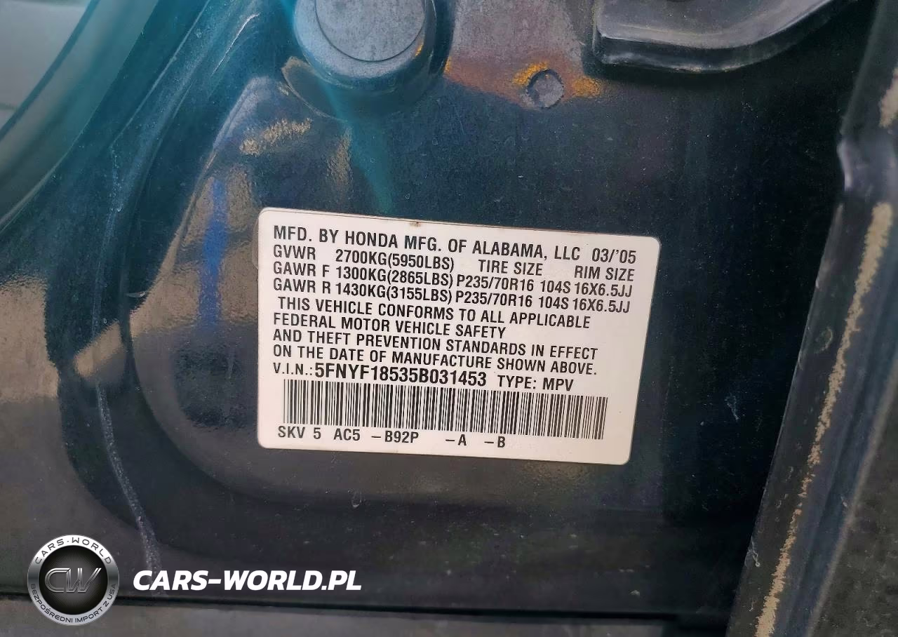 2005 Honda Pilot Exl VIN:5FNYF18535B031453 - 13