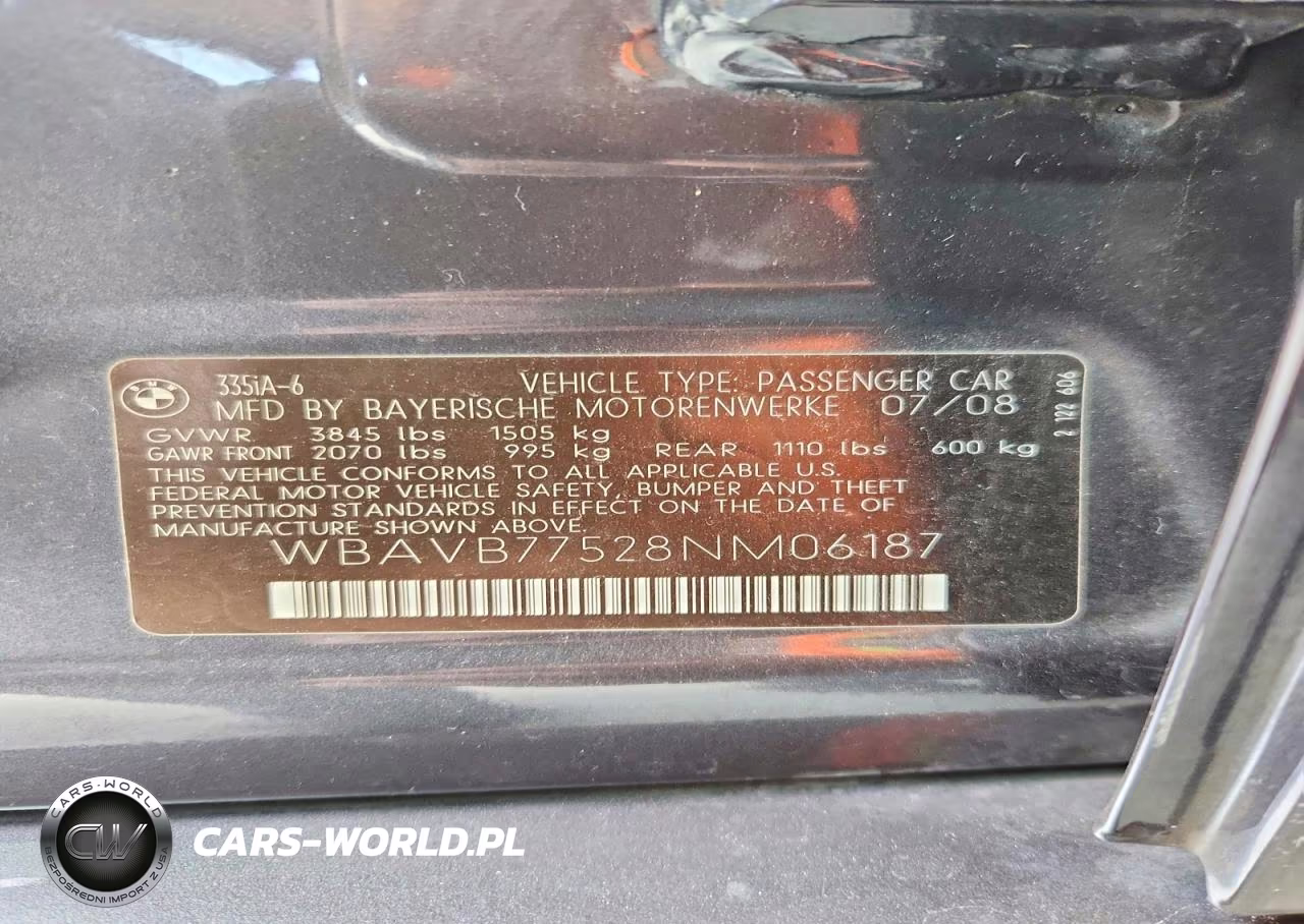 2008 BMW 335 I VIN:WBAVB77528NM06187 - 12