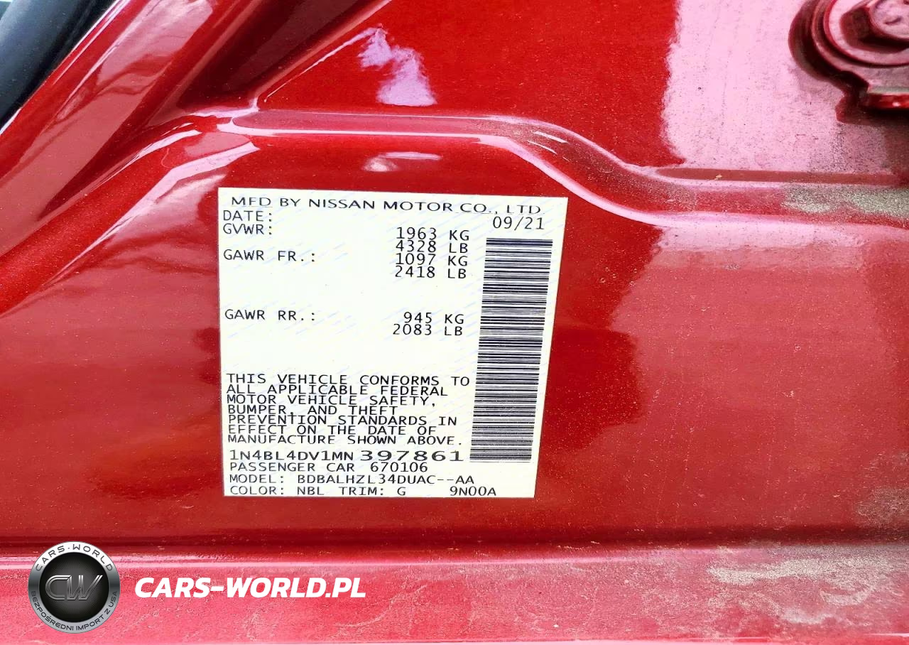 2021 Nissan Altima Sv VIN:1N4BL4DV1MN397861 - 12