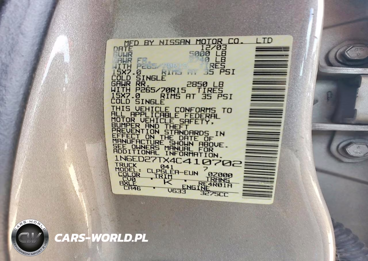 2004 Nissan Frontier Crew Cab Xe V6 VIN:1N6ED27TX4C410702 - 12