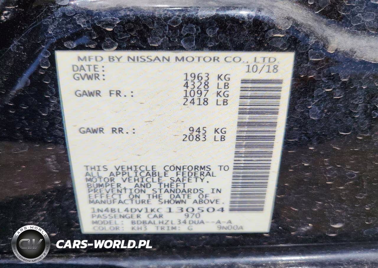 2019 Nissan Altima Sv VIN:1N4BL4DV1KC130504 - 12