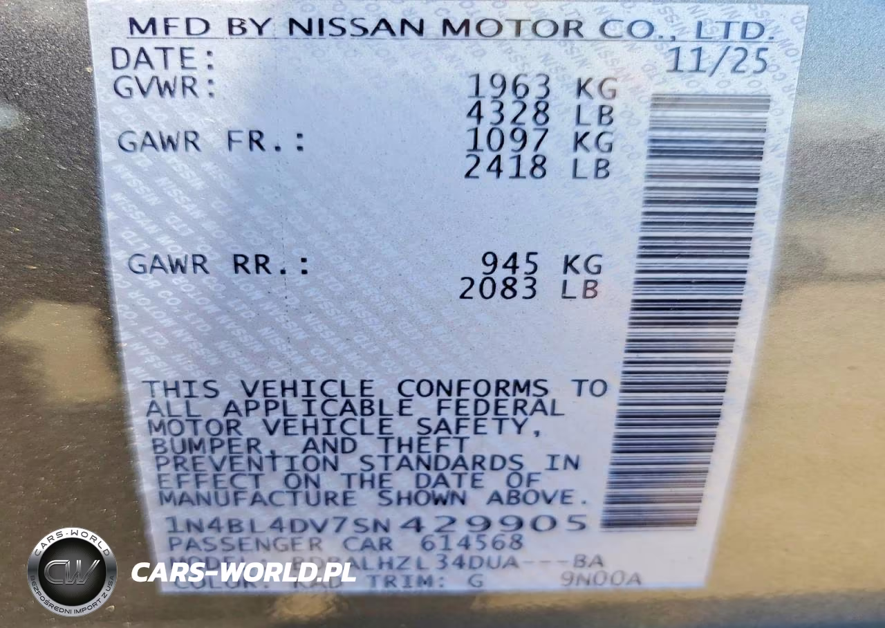2025 Nissan Altima Sv VIN:1N4BL4DV7SN429905 - 12