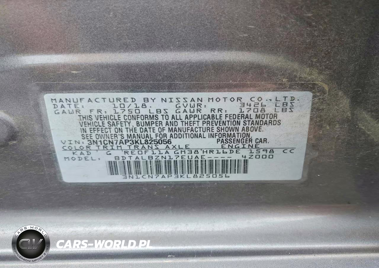 2019 Nissan Versa Sv VIN:3N1CN7AP3KL825056 - 12