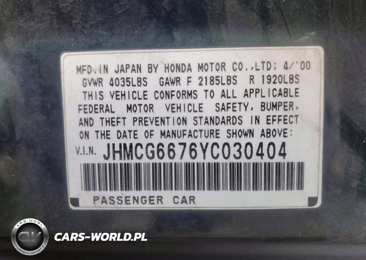 2000 Honda Accord Ex VIN:JHMCG6676YC030404 - 12