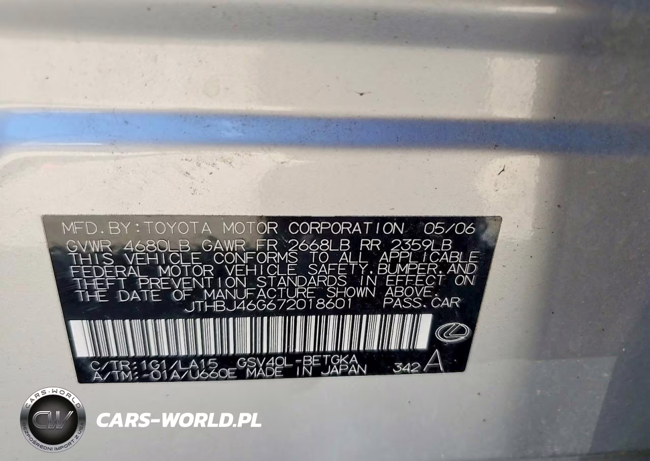 2007 Lexus Es 350 VIN:JTHBJ46G672018601 - 12