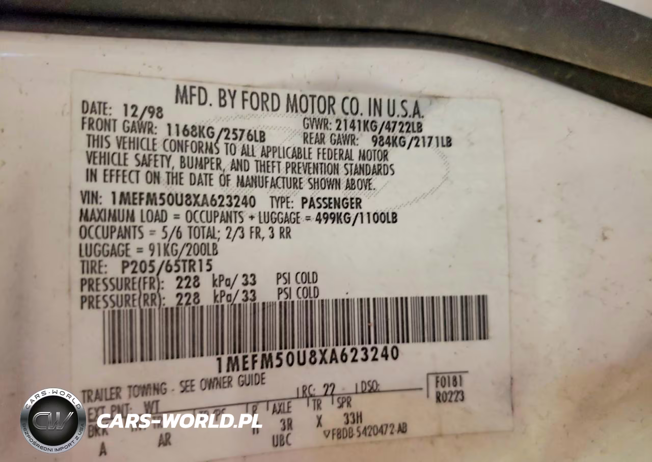 1999 Mercury Sable Gs VIN:1MEFM50U8XA623240 - 12