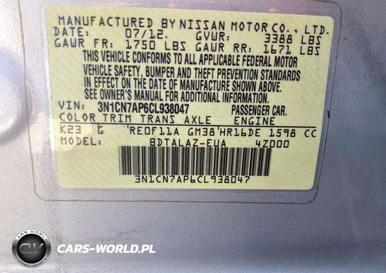 2012 Nissan Versa 1.6 S VIN:3N1CN7AP6CL938047 - 12