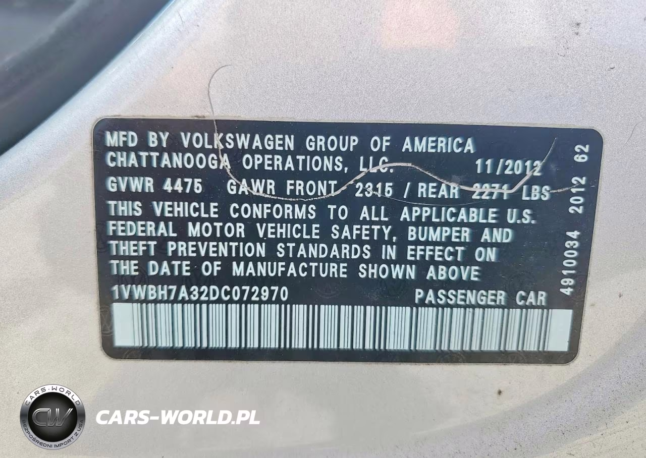 2013 Volkswagen Passat Se VIN:1VWBH7A32DC072970 - 13