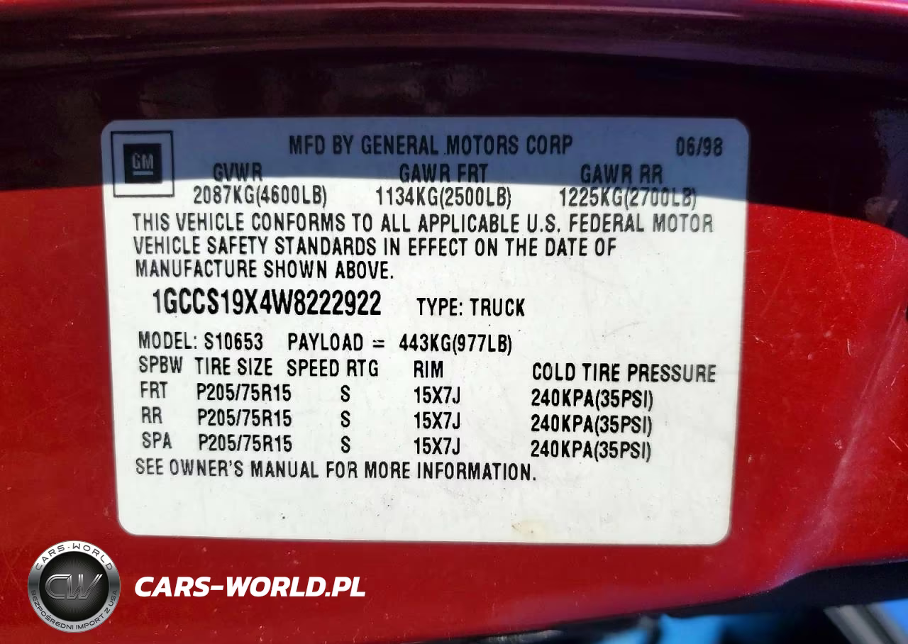 1998 Chevrolet S Truck S10 VIN:1GCCS19X4W8222922 - 12