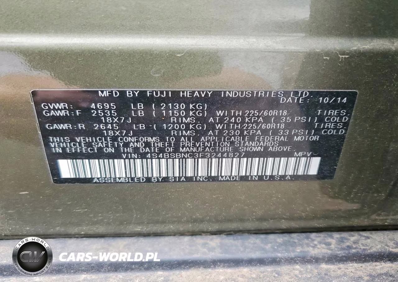 2015 Subaru Outback 2.5I Limited VIN:4S4BSBNC3F3244827 - 13