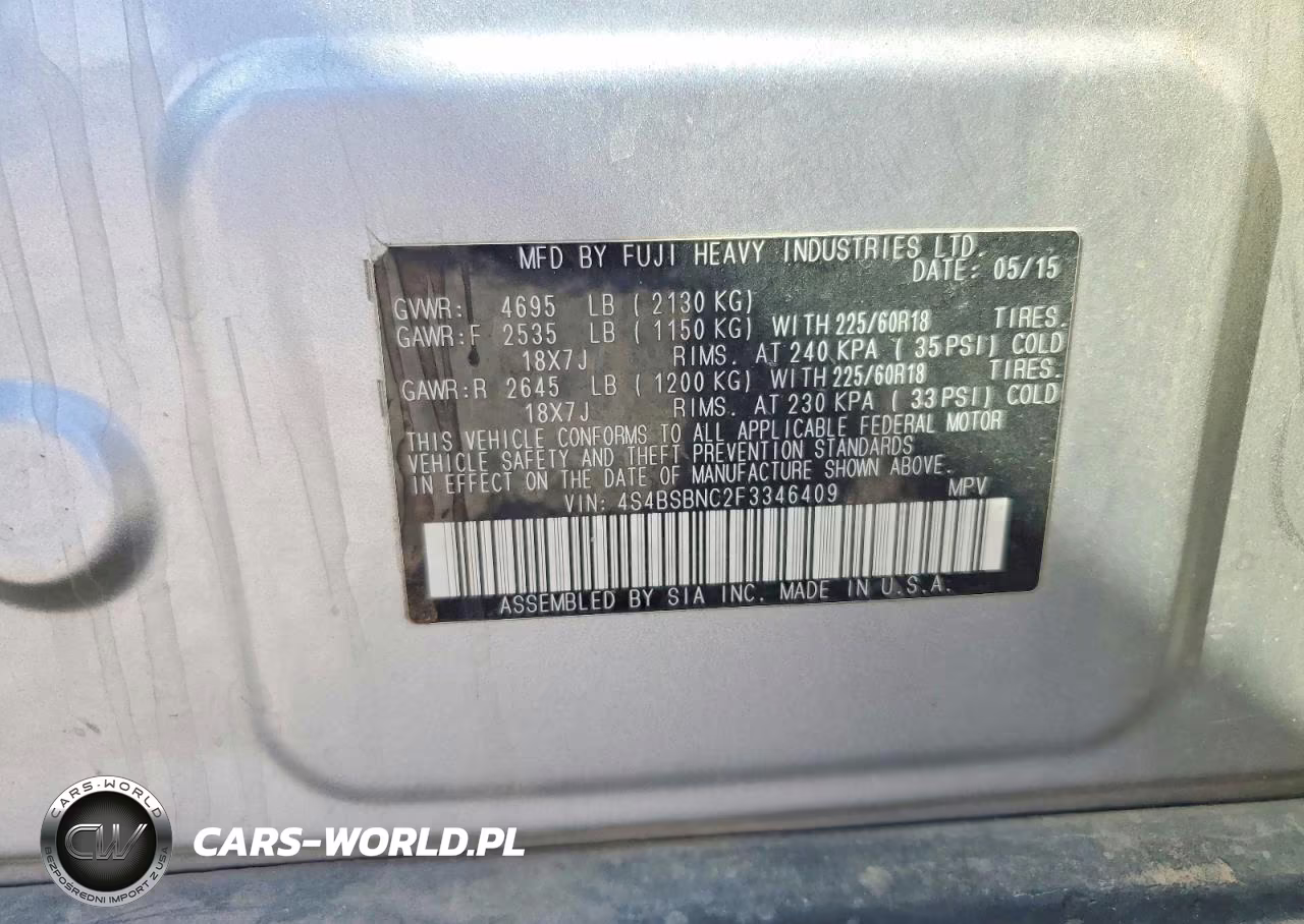 2015 Subaru Outback 2.5I Limited VIN:4S4BSBNC2F3346409 - 14