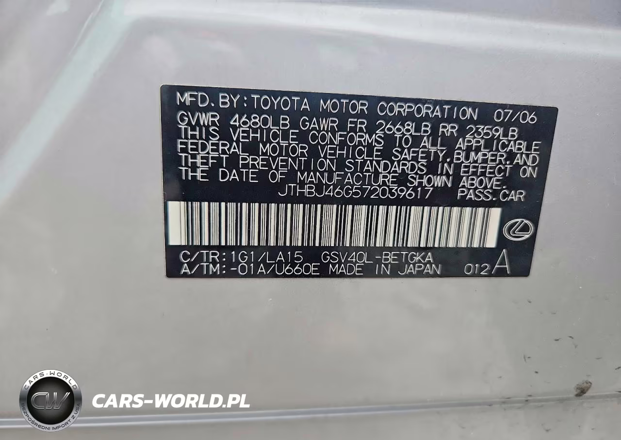 2007 Lexus Es 350 VIN:JTHBJ46G572039617 - 12