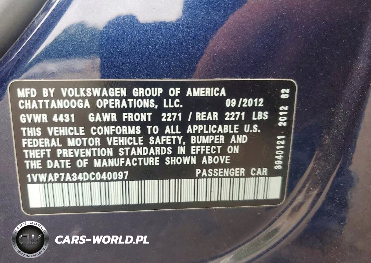 2013 Volkswagen Passat S VIN:1VWAP7A34DC040097 - 12