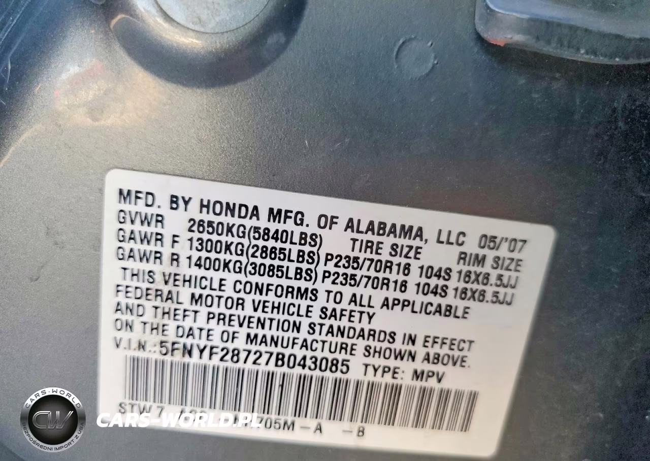 2007 Honda Pilot Exl VIN:5FNYF28727B043085 - 13