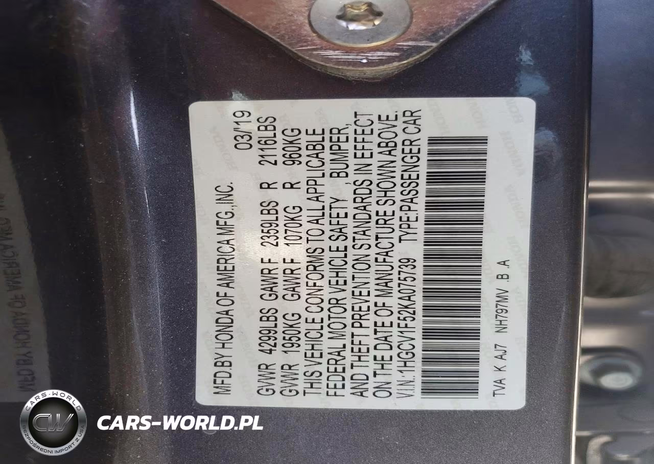 2019 Honda Accord Exl VIN:1HGCV1F52KA075739 - 13