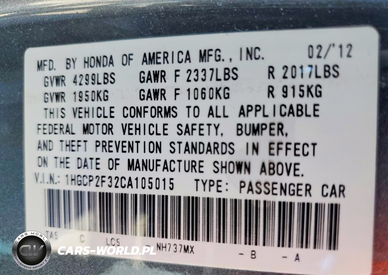 2012 Honda Accord Lx VIN:1HGCP2F32CA105015 - 12