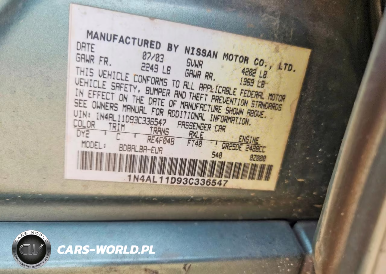 2003 Nissan Altima 2.5 VIN:1N4AL11D93C336547 - 12