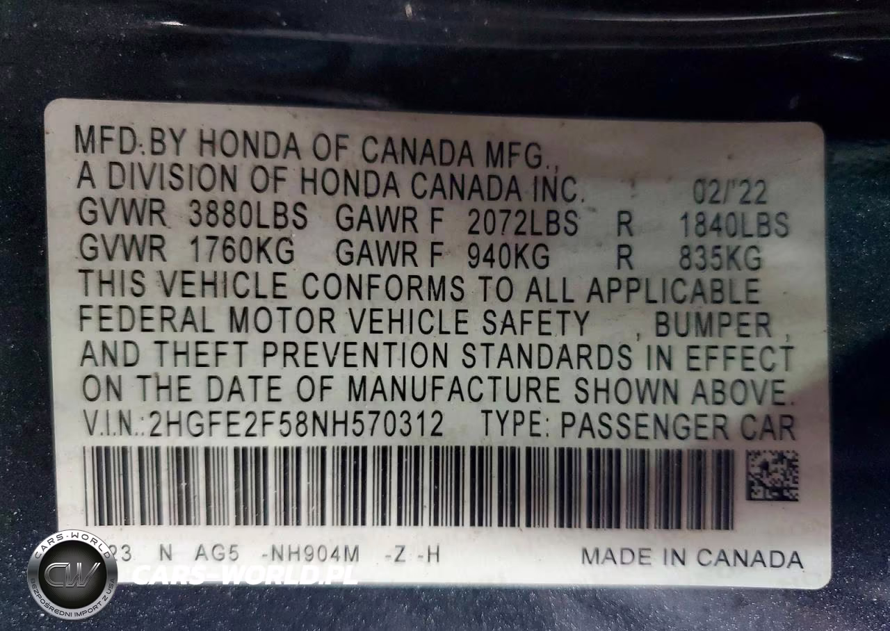 2022 Honda Civic Sport VIN:2HGFE2F58NH570312 - 12