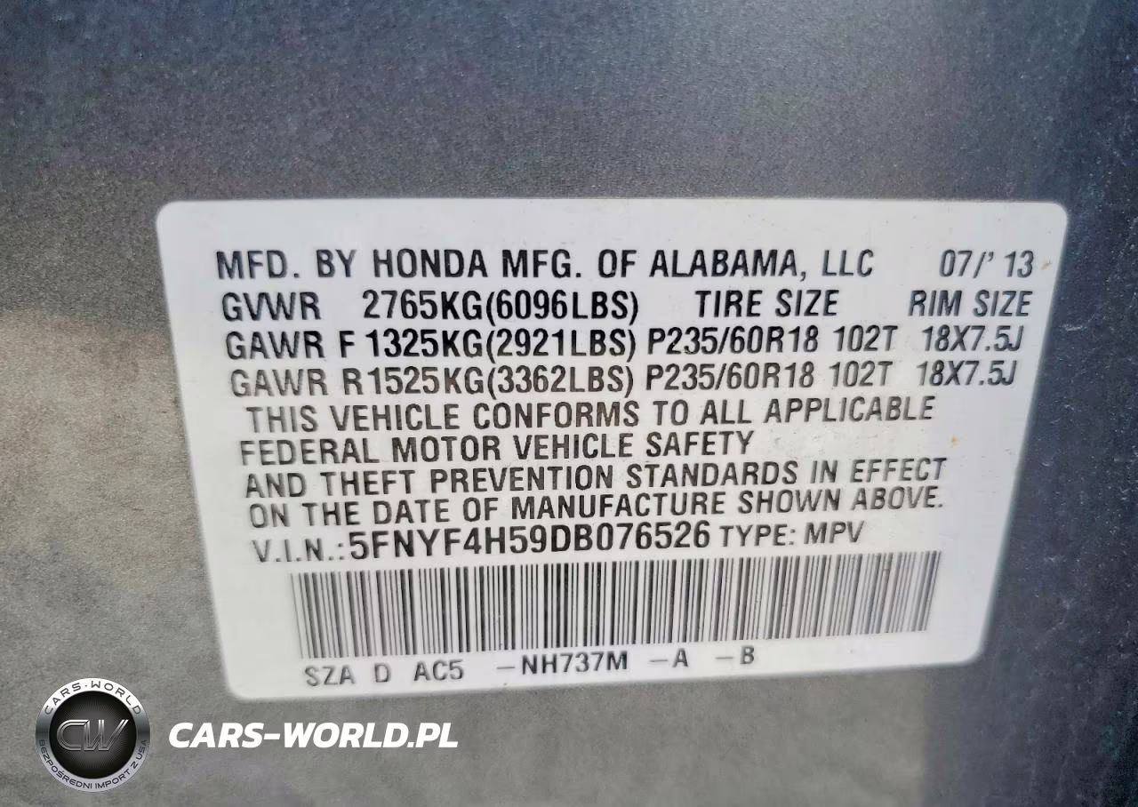 2013 Honda Pilot Exl VIN:5FNYF4H59DB076526 - 13