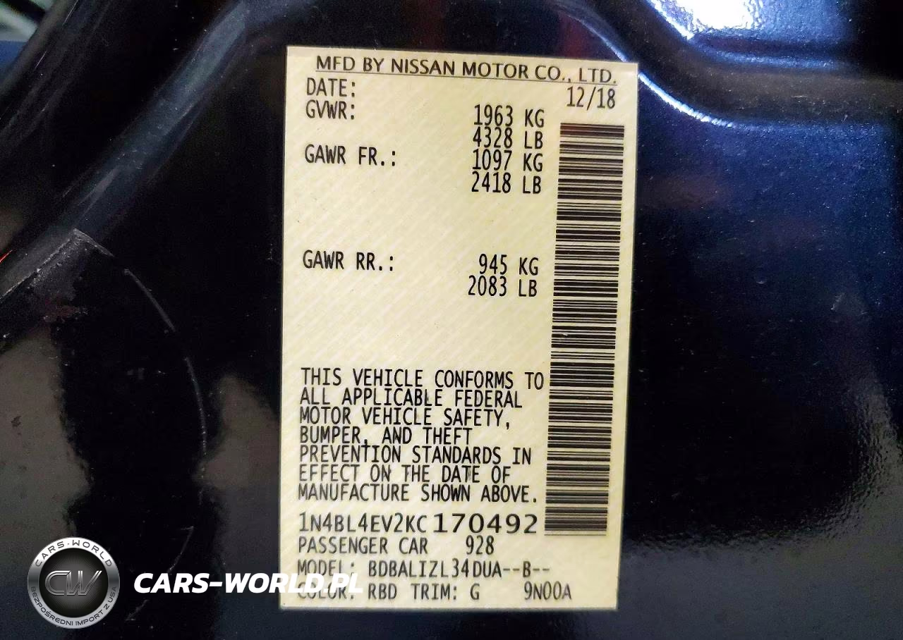 2019 Nissan Altima Sl VIN:1N4BL4EV2KC170492 - 12