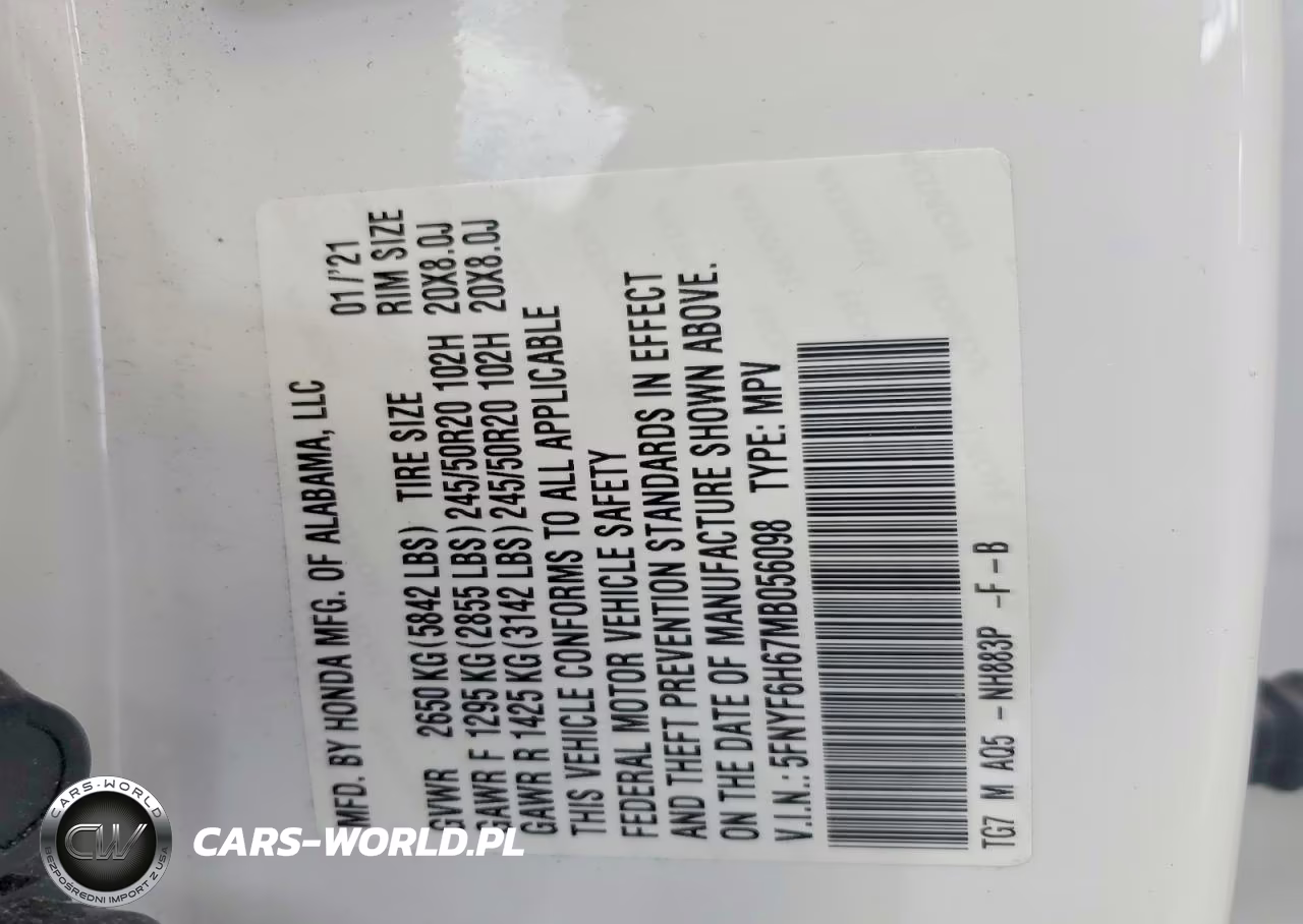 2021 Honda Pilot Touring VIN:5FNYF6H67MB056098 - 13