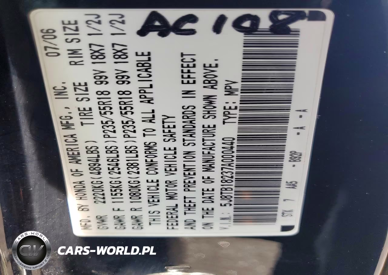 2007 Acura Rdx VIN:5J8TB18237A000440 - 13