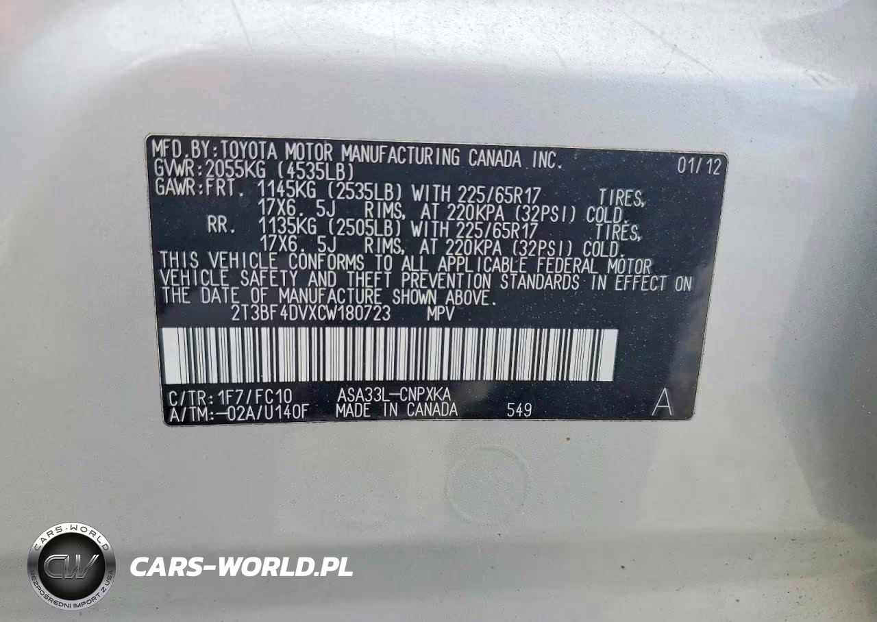 2012 Toyota Rav4 Base VIN:2T3BF4DVXCW180723 - 13