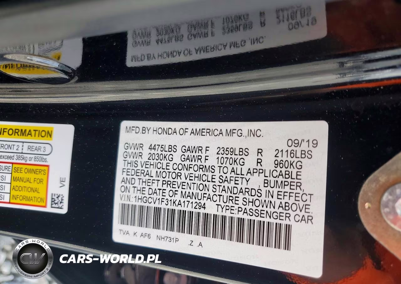 2019 Honda Accord Sport VIN:1HGCV1F31KA171294 - 13