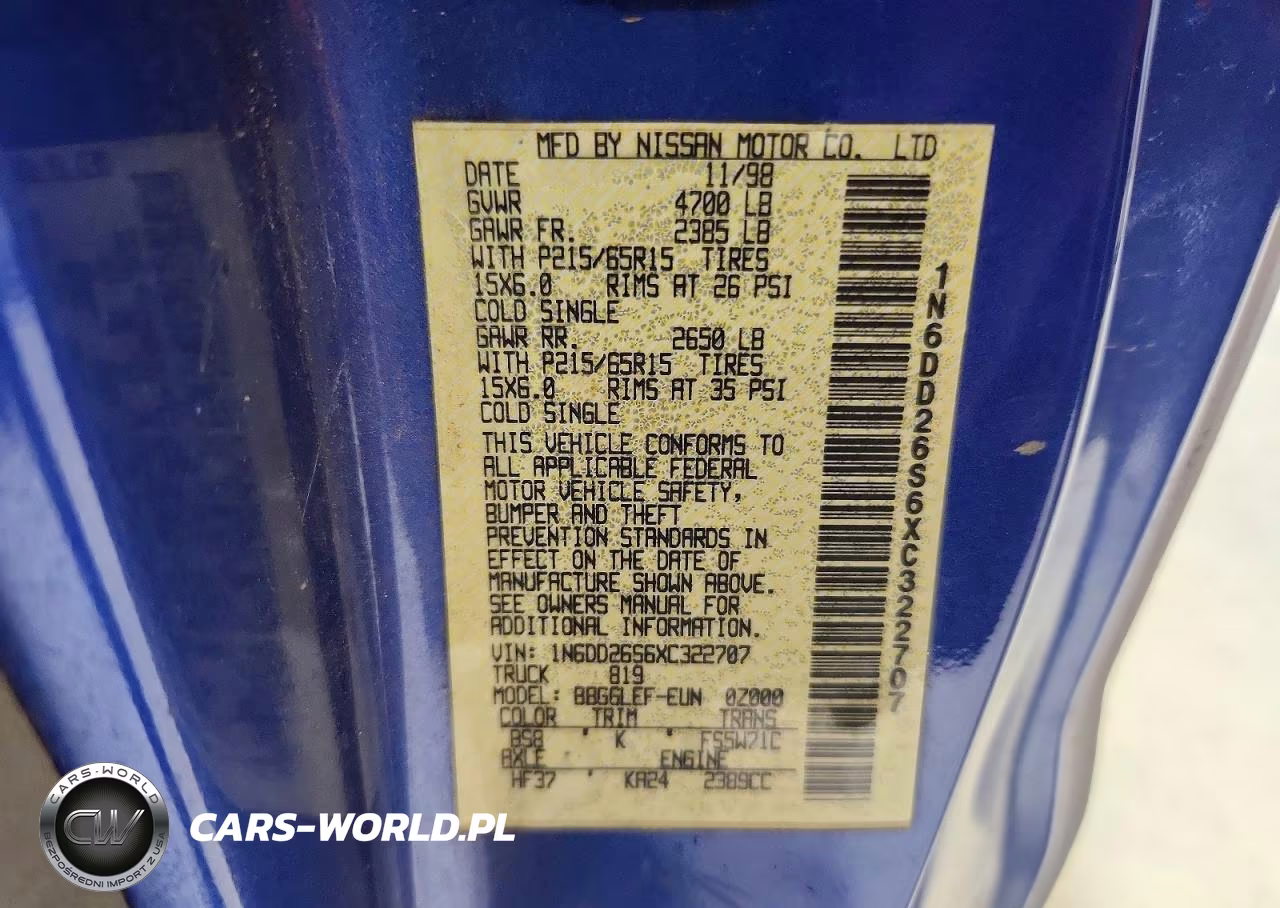 1999 Nissan Frontier Xe VIN:1N6DD26S6XC322707 - 12