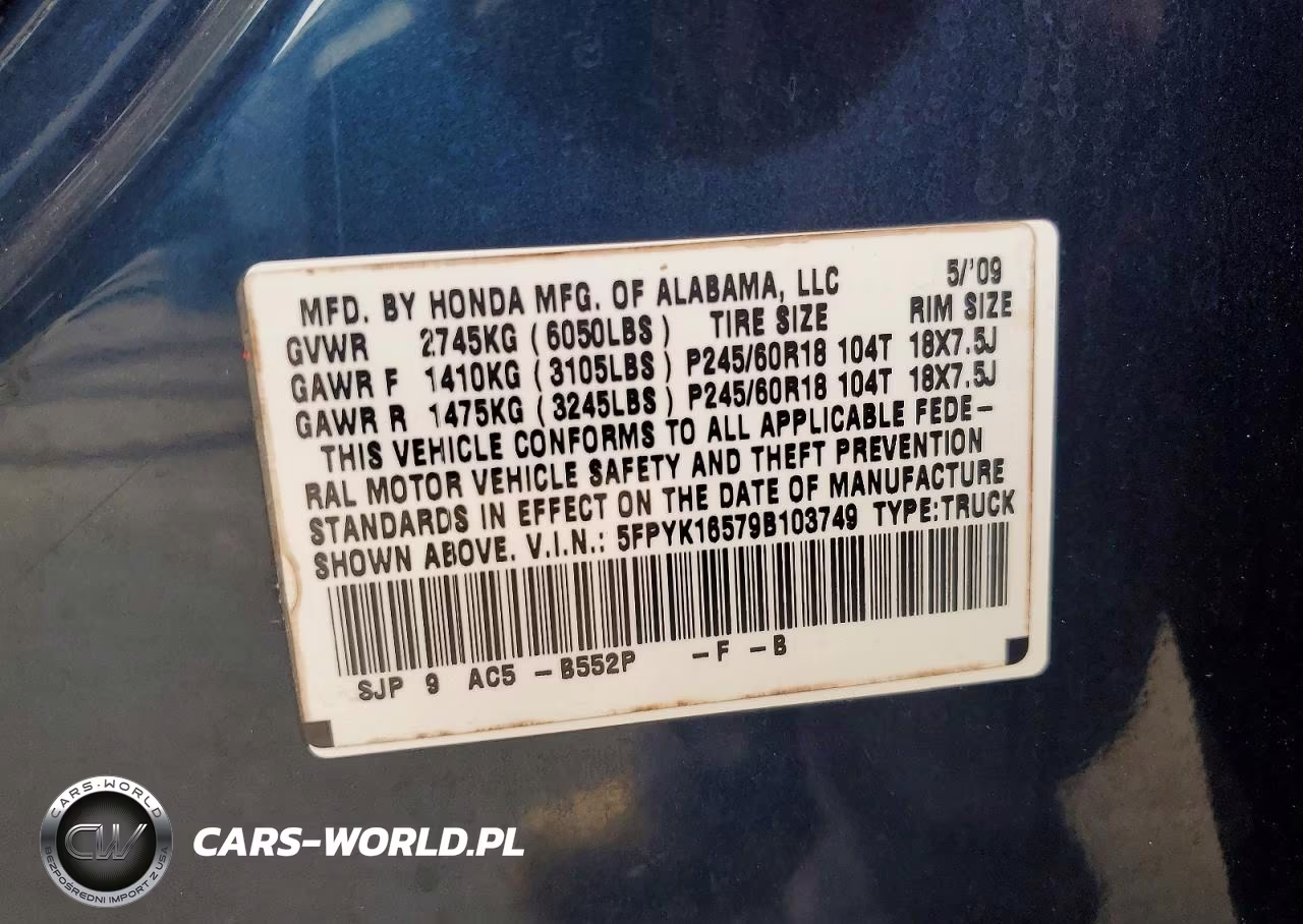 2009 Honda Ridgeline Rtl VIN:5FPYK16579B103749 - 12