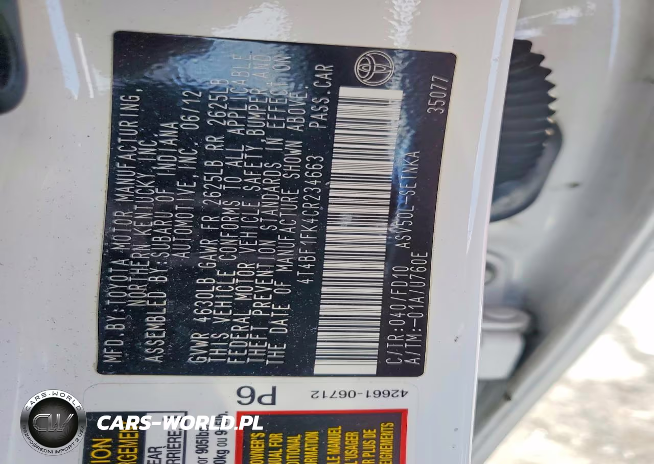 2012 Toyota Camry Le VIN:4T4BF1FK4CR234663 - 12