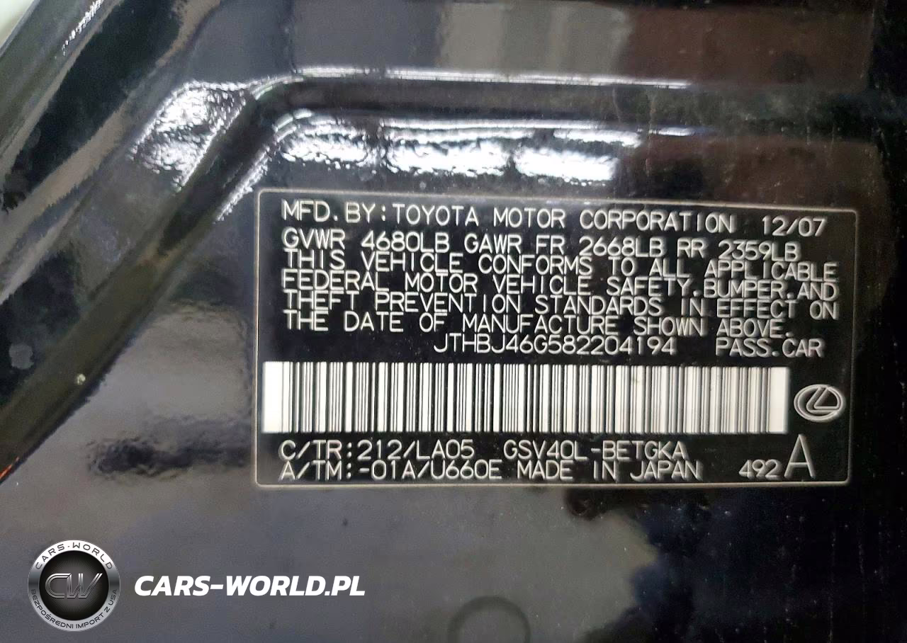 2008 Lexus Es 350 VIN:JTHBJ46G582204194 - 12