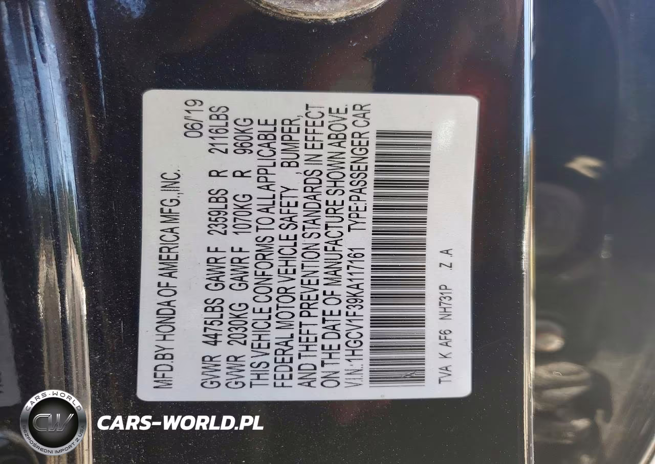 2019 Honda Accord Sport VIN:1HGCV1F39KA117161 - 13