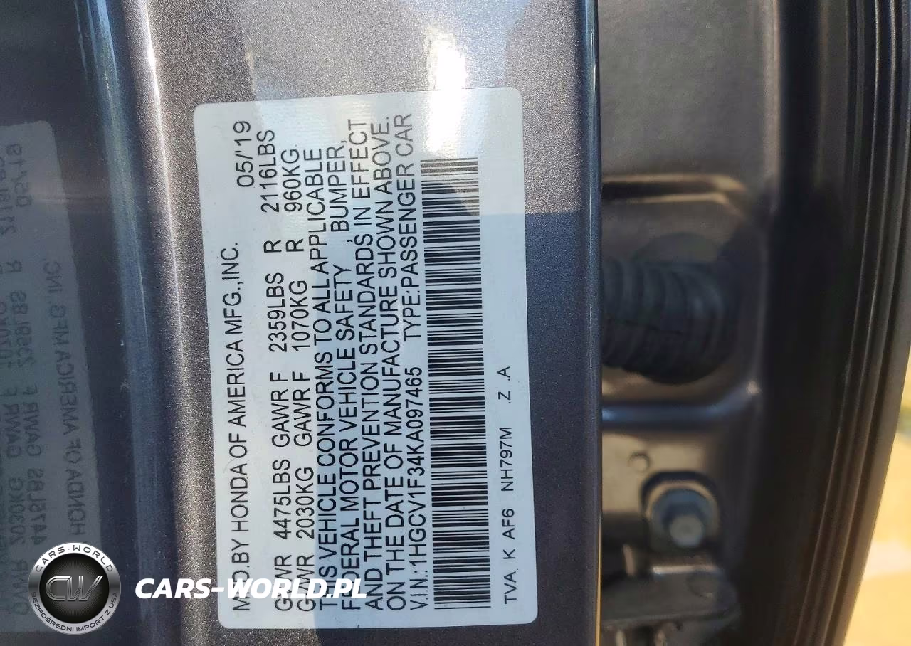 2019 Honda Accord Sport VIN:1HGCV1F34KA097465 - 12