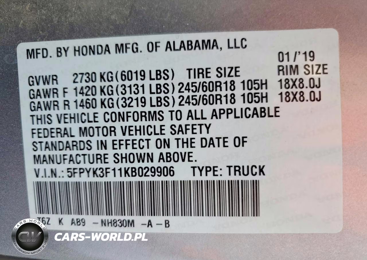 2019 Honda Ridgeline Sport VIN:5FPYK3F11KB029906 - 13