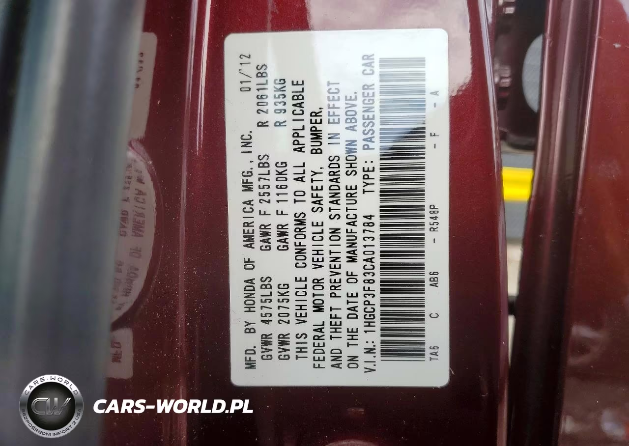 2012 Honda Accord Exl VIN:1HGCP3F83CA013784 - 12